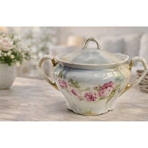 Antique Hand-Painted German Porcelain Rose Sugar Bowl w/ Lid – Gold Handles